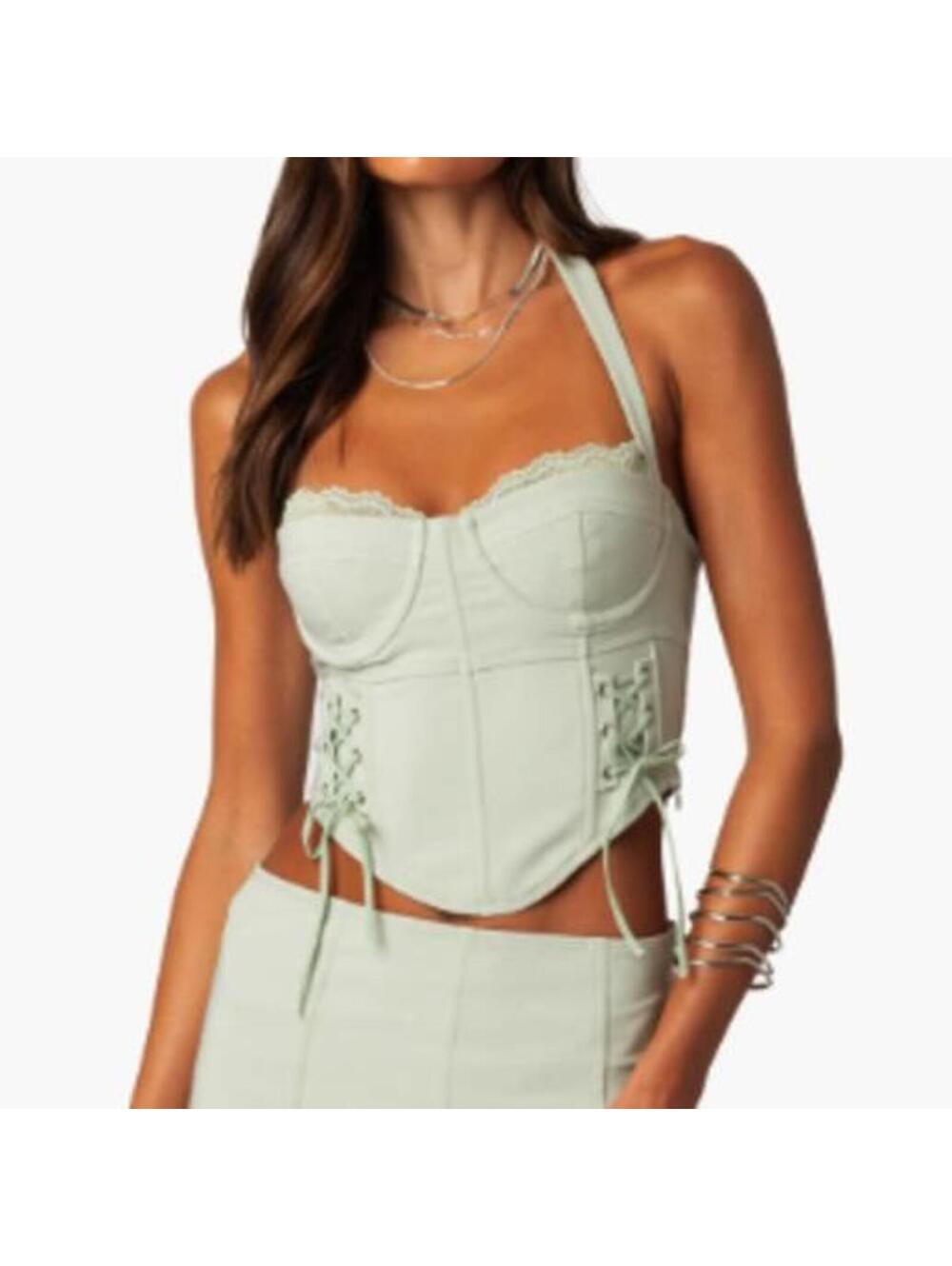 Sage Green Edikted Corset Top Lace Trim Side Lace Up Fairycore Y2K Bustier Small